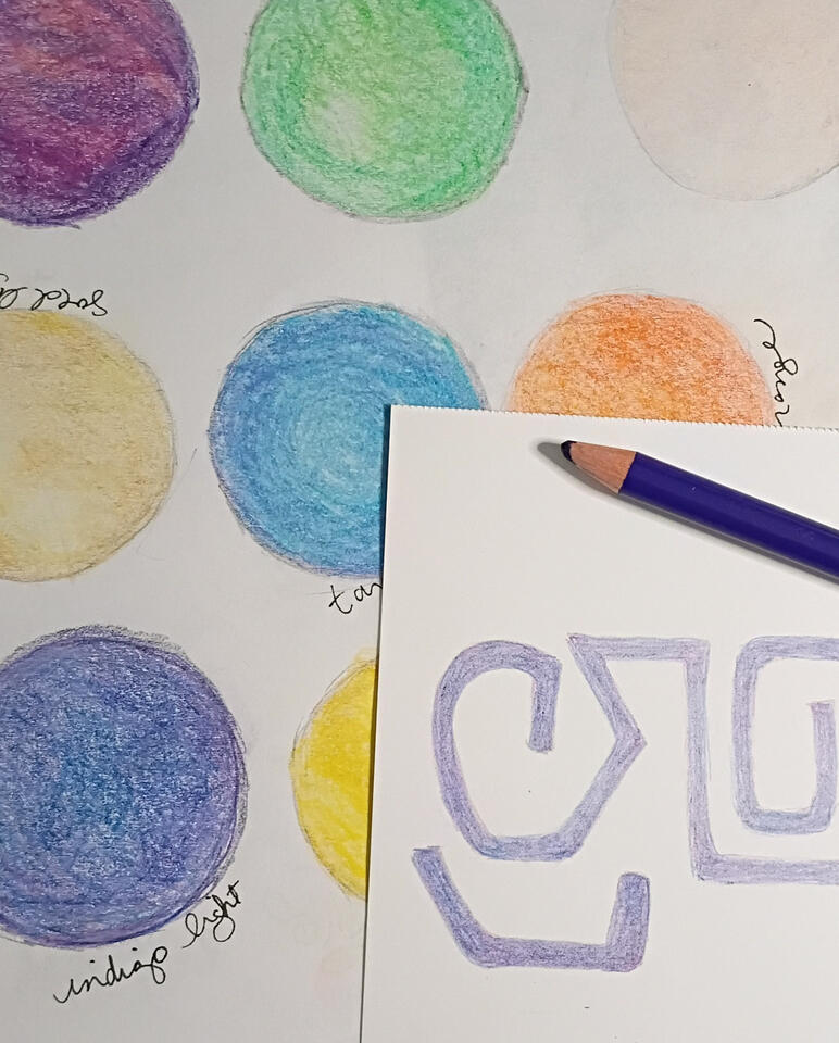 Oraphim Wisdom Art image shows a hand-drawn color swatch sheet, an indigo colored pencil, and a drawing of an Oraphim Light Code.